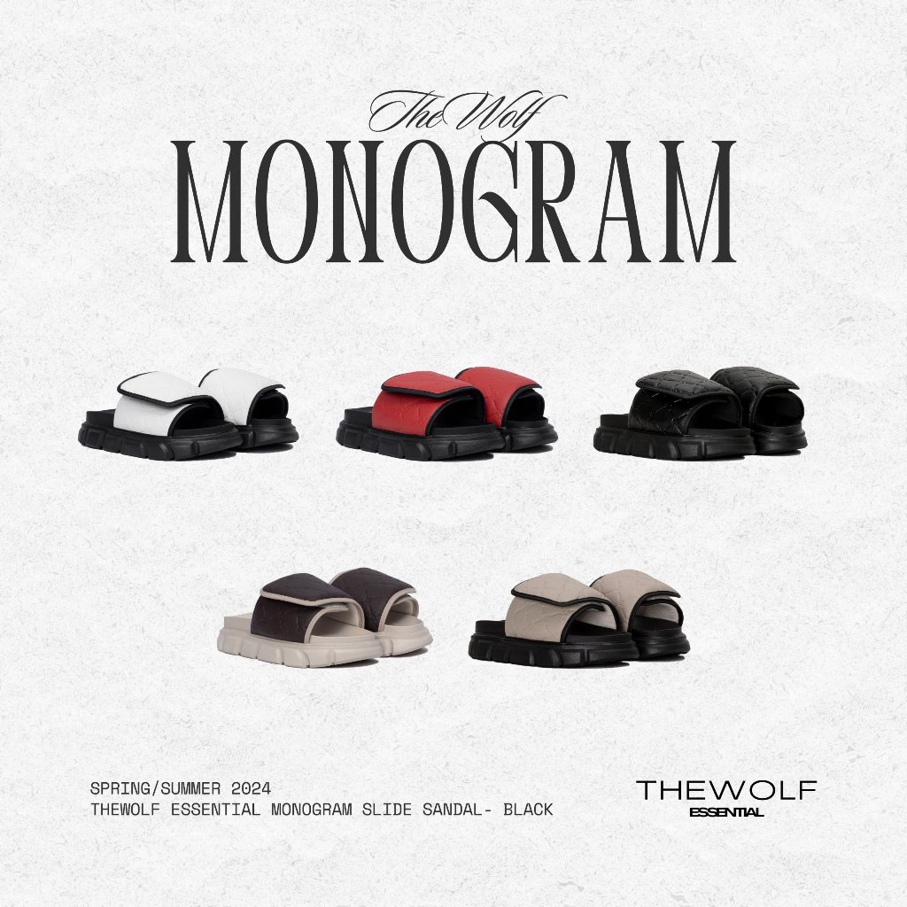 Dép Sandal Nam Nữ Tăng Chiều Cao THEWOLF ESSENTIAL MONOGRAM SLIDE SANDAL - Đen Trắng Nâu Beige Đỏ