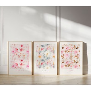 Bộ 3 Tranh Treo Tường Canvas Tráng gương Boho Minimalist Hồng Love Hoa Tối Giản Trang Trí Phòng Khách ngủ- MELYHOME DECO