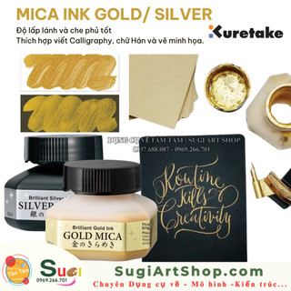 Mực viết calligraphy, chữ hán nhũ vàng , nhũ bạc kuretake , 60ml / silver / gold mica ink kuretake 60ml