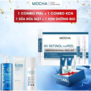 Combo đầy đủ 8 món : Combo peel da MOCHA, Combo Kem chống nắng, Sữa rửa mặt Bio 300ml. Kem dưỡng trắng Bio 30g