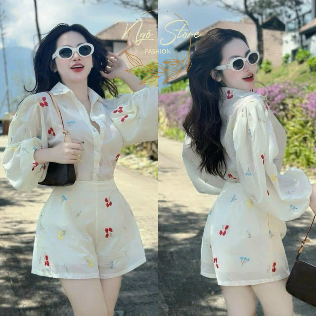 Set bộ đồ nữ đi chơi,Set đi biển áo sơ mi lụa hoa tay phồng dài phối quần đùi ngắn đi biển,cafe,dạo phố siêu cưng