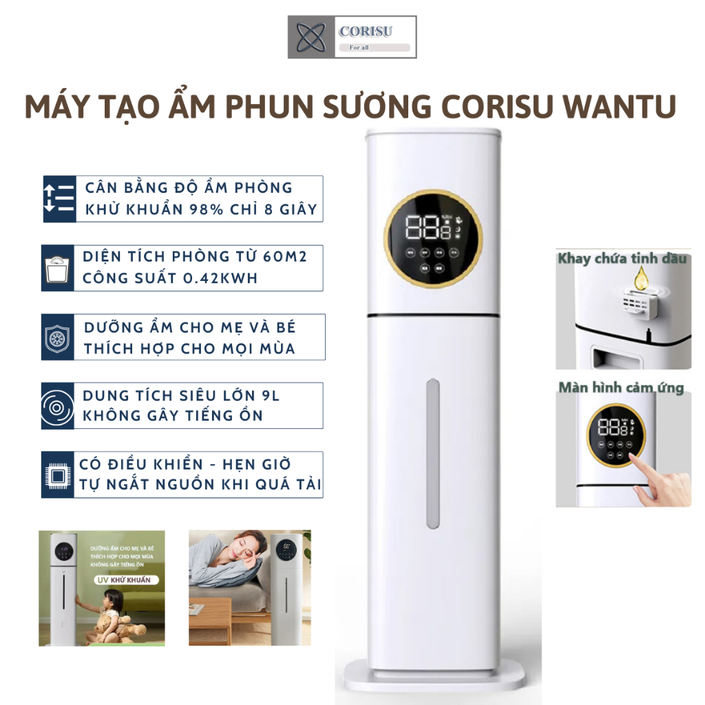 Máy tạo độ ẩm không khí Corisu Wantu xông tinh dầu, công suất cao thông minh 9L tạo ion âm, UV khử khuẩn 98%, không ồn