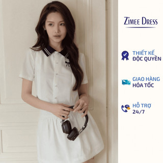  Set Áo Sơ Mi Phối Cổ Polo Dáng Croptop Cổ Sen Và Chân Váy Kitsu 