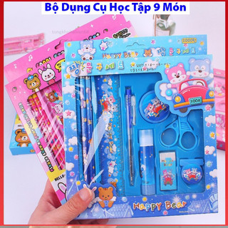 Bộ dụng cụ học tập 9 món gồm bút bi,bút chì,thước kẻ,tẩy,kéo,gọt xoáy bút chì,keo dán giấy, kẹp tiện lợi .