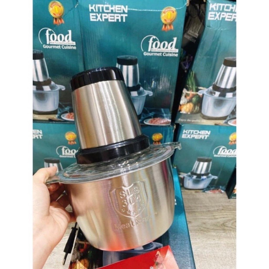 Máy Xay Thịt Đa Năng Cối INOX 304 2L Công Suất 250W, 4 Lưỡi Kép, Cối Xay Thực Phẩm Rau Củ Quả Tươi Ngon