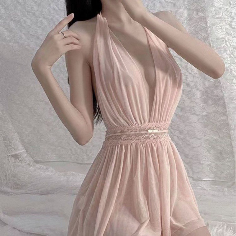 Đầm ngủ nữ sexy DK17 kiểu áo yếm hở lưng kèm quần lót lọt khe gợi cảm | BigBuy360 - bigbuy360.vn