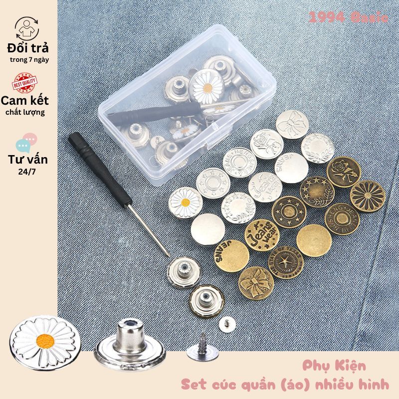 Hộp cúc quần 10-20 chiếc kèm tô vít tự ghim. Cúc quần inox - đồng nhiều họa tiết.
