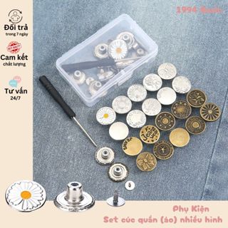 Hộp cúc quần 10-20 chiếc kèm tô vít tự ghim. Cúc quần inox - đồng nhiều họa tiết.