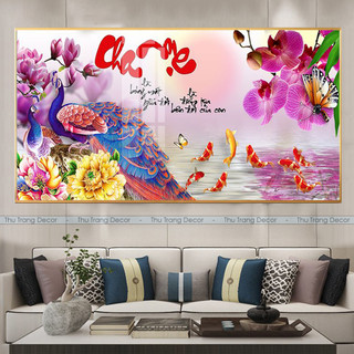 Tranh Treo Tường "CHIM CÔNG/CHỮ THƯ PHÁP CHA MẸ" Tráng Gương In UV 5D Cao Cấp