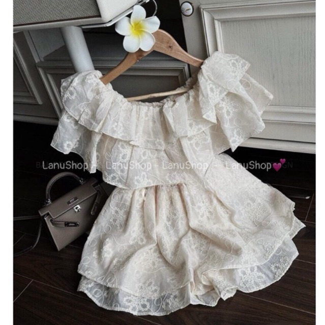 [LanuShop] Áo trễ vai liền quần váy 2 lớp Chất thô thêu hoa Cao cấp, Jumpsuit Hoa màu be dáng rộng Kèm ảnh thật