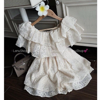[LanuShop] Áo trễ vai liền quần váy 2 lớp Chất thô thêu hoa Cao cấp, Jumpsuit Hoa màu be dáng rộng Kèm ảnh thật