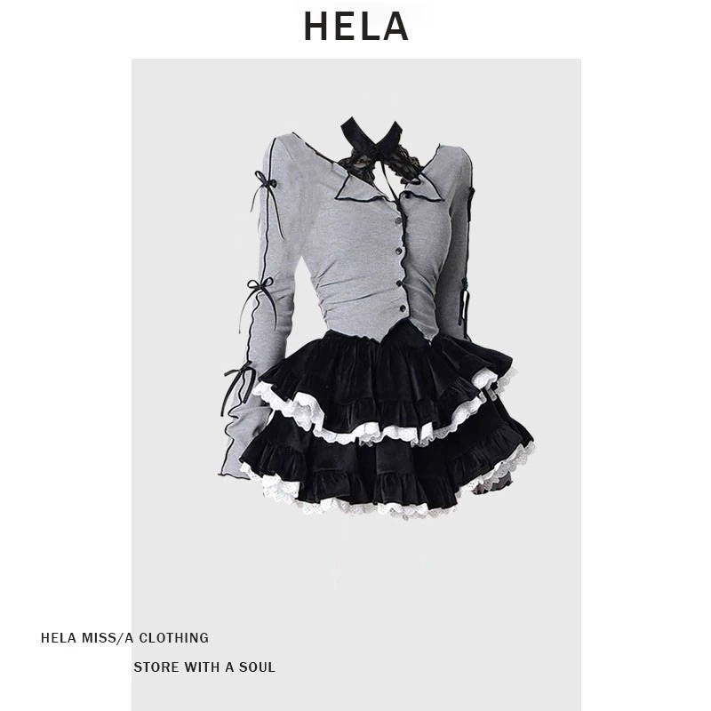 Full Set HeLa Áo Kiểu Nơ Phối Chân Váy