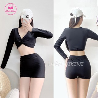 Bikini đi biển đồ bơi nữ dài tay quần đùi xoắn ngực sexy đồ đi biển bikini dài tay chống nắng