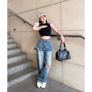 Quần Jeans Suông Lưng Cao Phối Đai Rách Gối Cá Tính Thảo Xinh Store 304