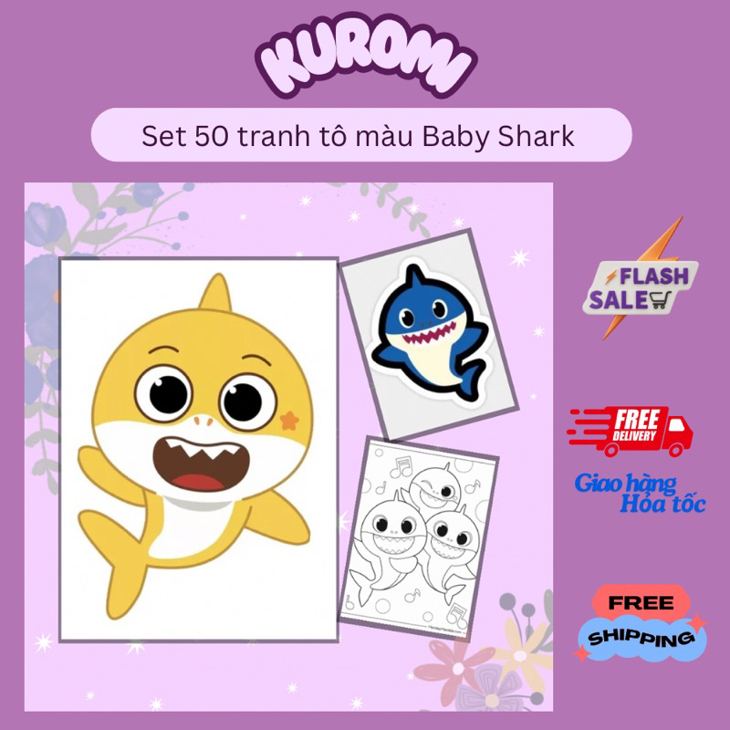 Set 50 tranh tô màu nhiều hình cá mập con baby shark ngộ nghĩnh dễ thương cho bé trai bé gái Baby Sh