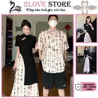 Đồ đôi nam nữ set đồ đôi 2LOVE sườn xám và áo sơ mi nam họa tiết hán tự phong cách cổ trang mã 46