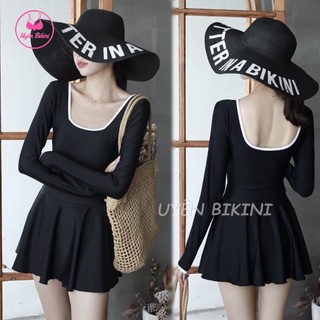 Bikini đi biển đồ bơi nữ liền váy dài tay viền trắng quần đùi đồ đi biển bikini dài tay chống nắng
