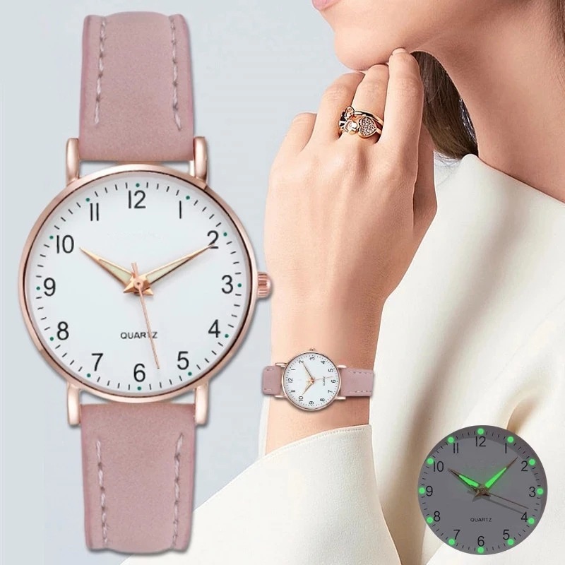 Đồng Hồ Nữ Thời Trang Quartz Dạ Quang, Dây Da Mềm Êm Tay, Mặt Số Giờ Cực Đẹp