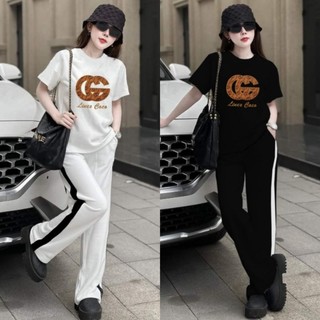 Bộ Đồ Thun Cotton Form Rộng Quần Suông Ống Rộng Áo Thêu Logo Phối Quần Kẻ Sọc Khác Màu