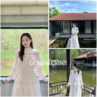 Váy trắng Midi hoa ren kiểu đục lỗ đi biển dáng dài. Maxi thanh lịch sang trọng vintage cổ điển cổ đứng đai buộc QCCC