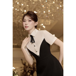 Đầm váy mini nữ phối trắng đen Nin dress cúc bọc kèm nơ cổ by Khales