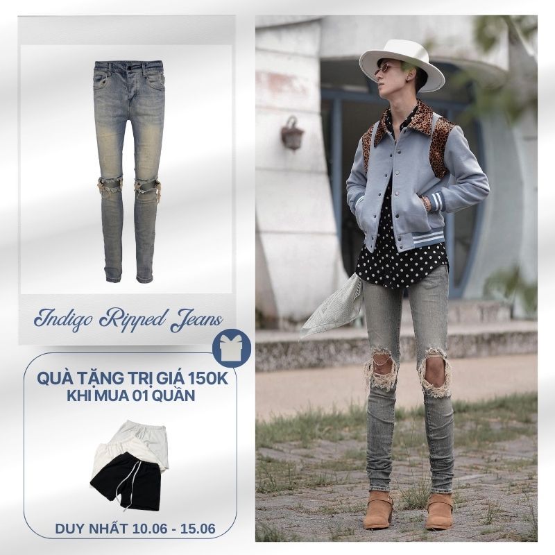 Quần Jeans dáng Skinny rách gối, Denim dày 13oz ít co giãn | Indigo Ripped Jean