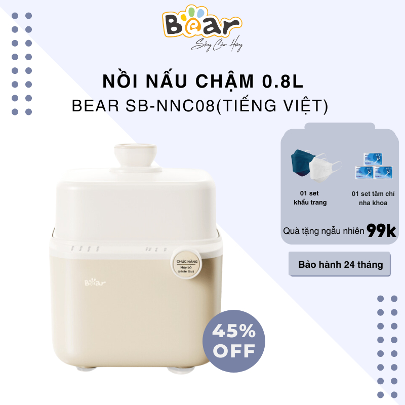 Nồi Nấu Chậm Bear 0,8L SB-NNC08 -  Bản Mới 7 Chế Độ Nấu Chưng Yến, Hầm Hấp Ninh Cháo Cách Thủy Giữ Chọn Chất Dinh Dưỡng