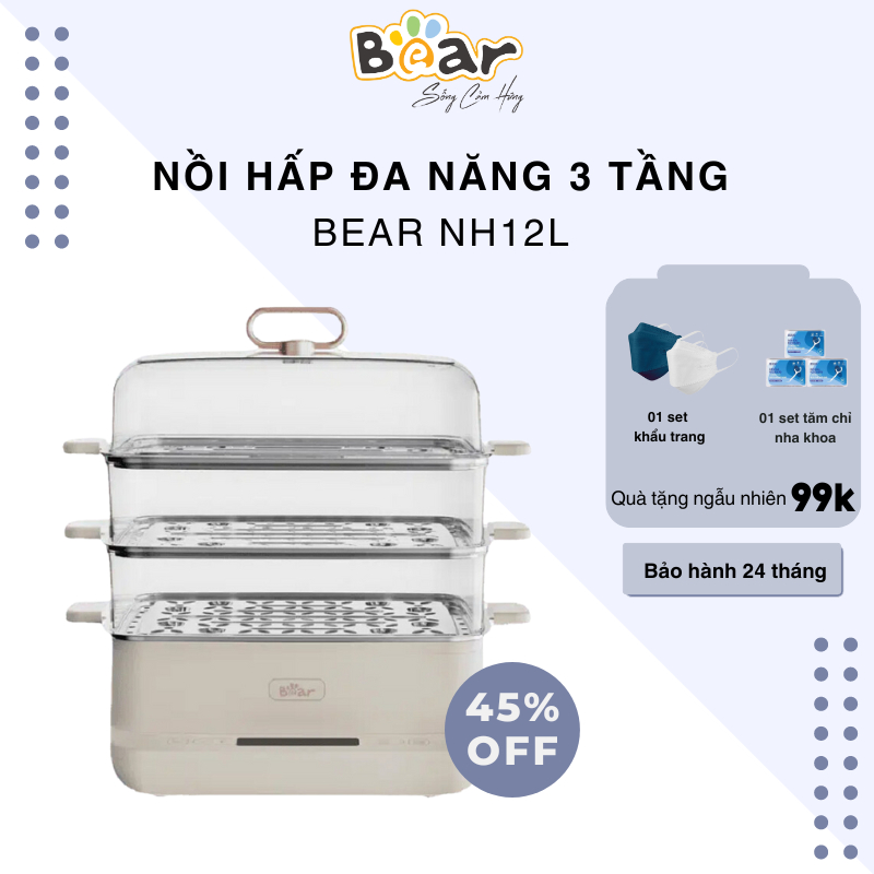 Nồi Hấp Điện 3 Tầng 12L  Bear SB-NH12L Đa Năng - 6 Chế Độ Hấp Kháng Khuẩn 99,99% - Không Gây Mùi An Toàn Cho Sức Khỏe