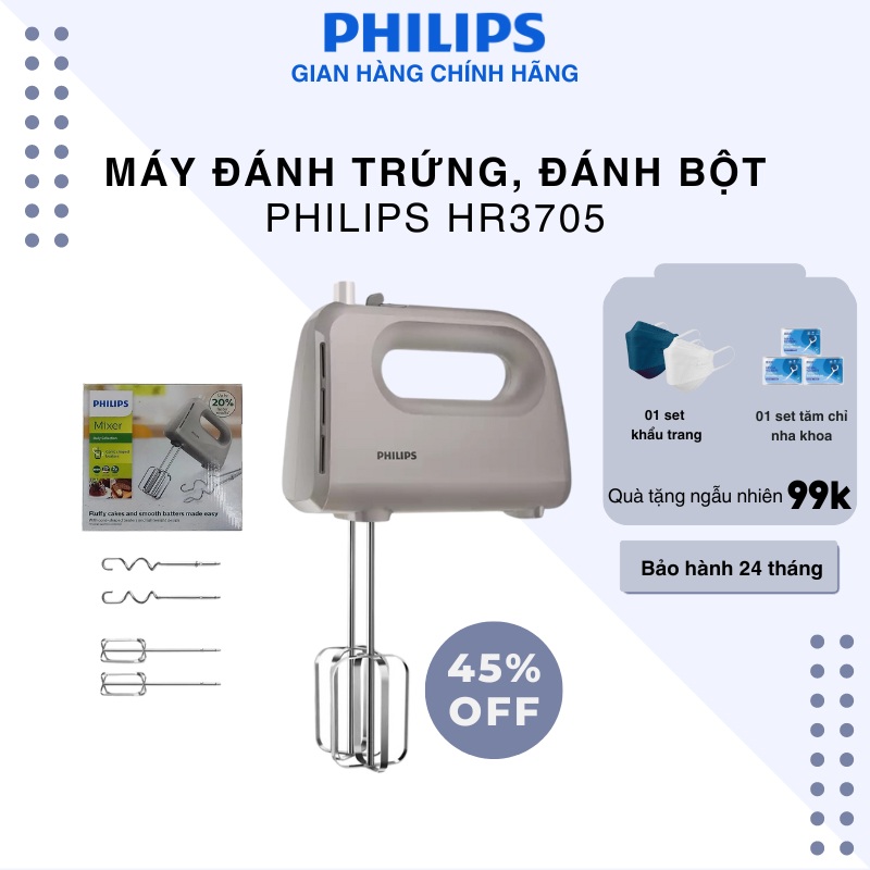 Máy đánh trứng cầm tay PHILIPS HR3705 - Chức năng Turbo với 5 tốc độ đánh thông minh, Hàng chính hãng bảo hành 24 tháng