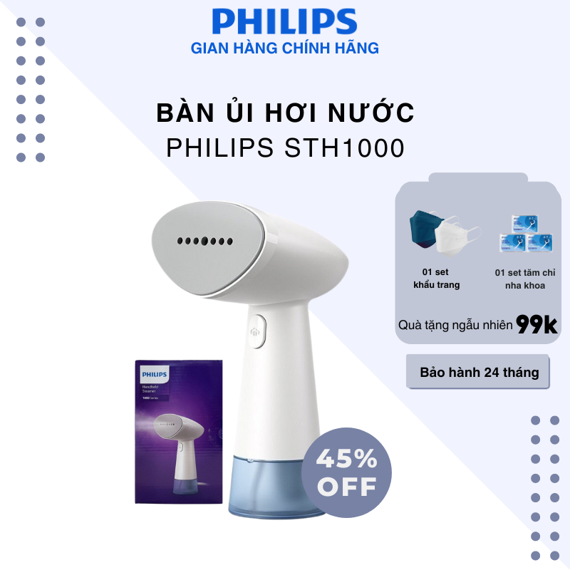 Bàn Ủi Hơi Nước Cầm Tay Philips STH1000 /10|900W|Nhỏ Gọn Ngăn Chứa Nước 85ml Có Thể Tháo - Bảo Hành 2 Năm