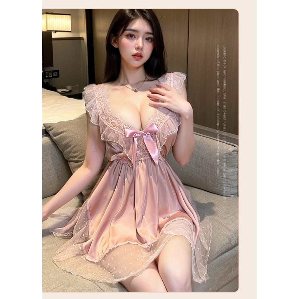 Váy ngủ sexy lụa phối ren chấm bi đẹp xinh gợi cảm đầm mặc nhà dáng xòe phối nơi dễ thương cao cấp BIKI HOUSE N169 - HCM | BigBuy360 - bigbuy360.vn