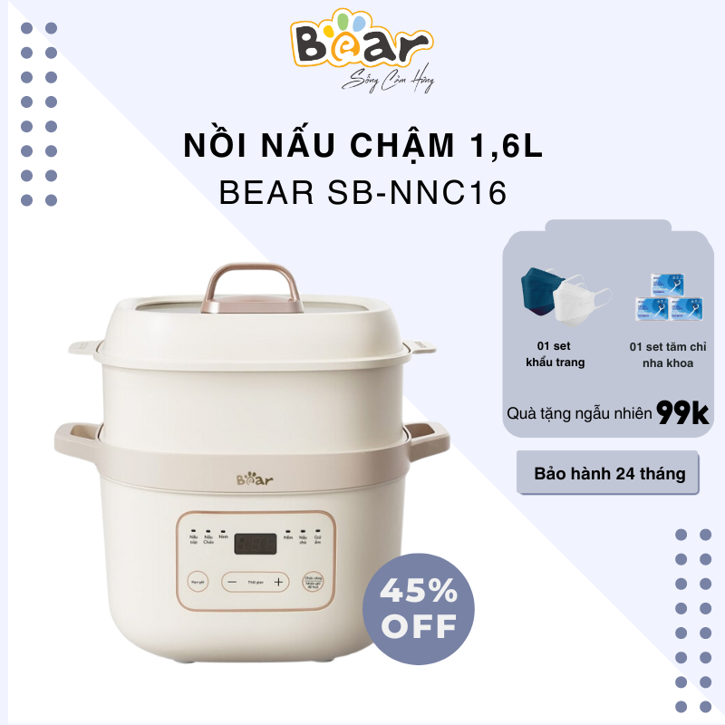 Nồi Nấu Chậm Bear 1,6L Đa Năng 6 Chế Độ Ninh Nấu Hầm Hấp Tiết Kiệm Thời Gian Giữ Trọn Chất Dinh Dưỡng -  SB-NNC16