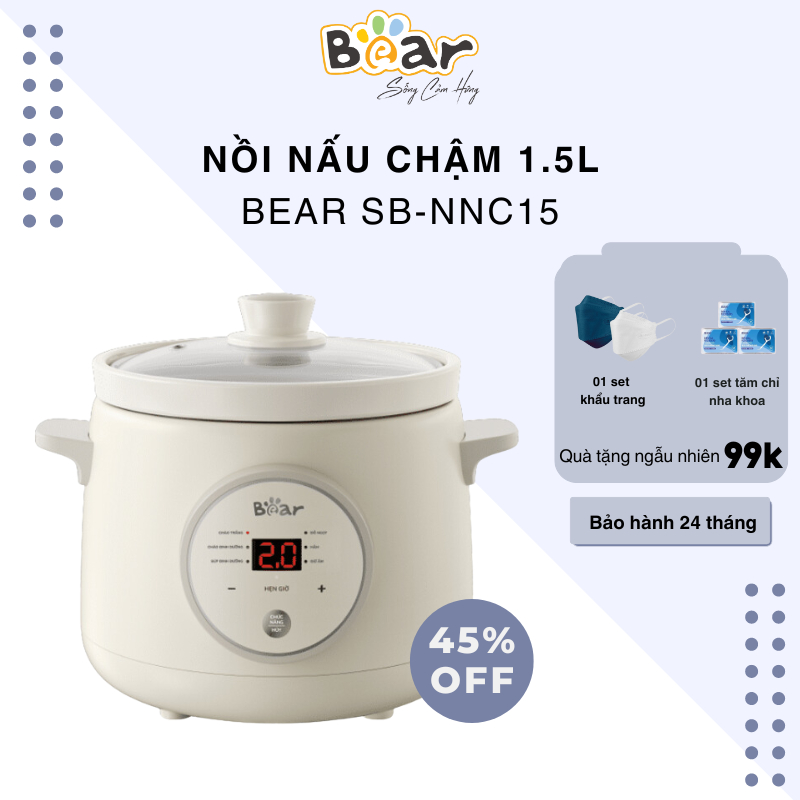 Nồi nấu chậm BEAR 1,5L Đa Năng Nấu Cháo Hầm Giữ Ấm Giữ Trọn Chất Dinh Dưỡng Bản Tiếng Việt -SB-NNC15- Bảo Hành 18 Tháng