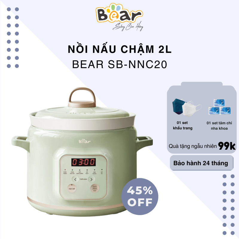 Nồi Nấu Chậm Trực Tiếp BEAR 2L Đa Năng Kho Cá Kho Thịt Nồi Áp Suất Hầm Giữ Ấm Giữ Trọn Chất Dinh Dưỡng B-SB-NNC20