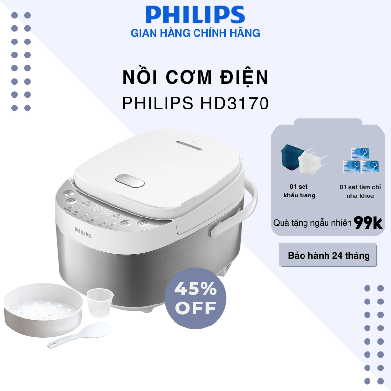 Nồi Cơm Điện Philips HD3170/66 | 0.85 lít | 8 Menu Nấu Tự Động, Công suất 800W - Bảo hành chính hãng 24 tháng