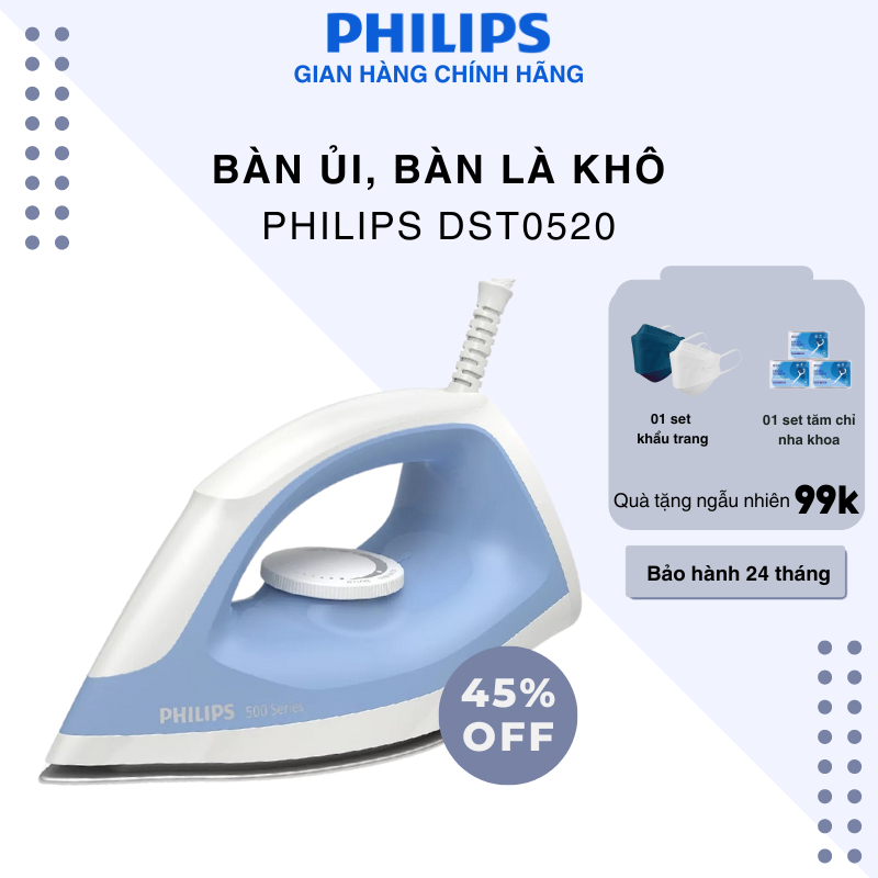 Bàn Ủi, Bàn Là Khô Philips DST0520 - Loại Bỏ 99,99% Vi Khuẩn Trong 10 Giây - Công Suất 1200W - Bảo Hành 2 Tháng
