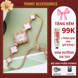 Đồng hồ nữ cỏ bốn lá đính kim cương, đồng hồ nữ mặt nhỏ dây rút có thể điều chỉnh