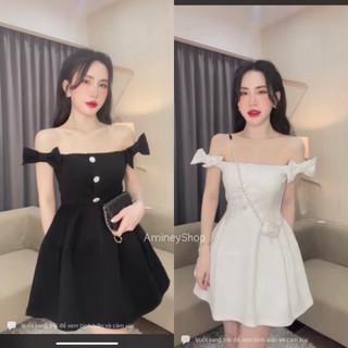 [AmineyShop] Đầm dự tiệc trễ vai Sang chảnh 2 màu chất mềm mịn, Váy nơ vai cúc ngọc dáng xoè siêu xinh