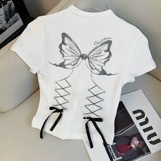 Áo Croptop ButTer Áo thun ôm body COQUETTE cổ cao đính nơ
