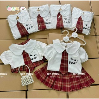 Set áo sơ mi Bear kèm chân váy kẻ sọc đỏ cho bé gái mặc đi học, đi chơi, dạo phố