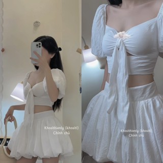 SET ÁO CROP TRẮNG CỘT NGỰC TAY PHỒNG + CHÂN VÁY XOÈ PHỒNG + TUBAN REN TRẮNG