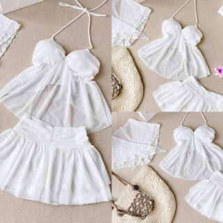 Sét Đùi Giả Váy Kèm Khăn Đầu - Chất Thun Giấy Mỏng Nhẹ 2 Dây Có Mút Cột Nơ Cổ - Chân Váy Xếp Ly Mini Trắng