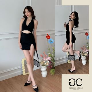 Gc43-đầm body cổ yếm gischy thiết kế khoét eo xẻ đùi sexy tôn dáng chất thun borip cao cấp