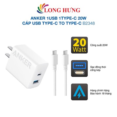 Combo cốc sạc Anker 1USB 1Type-C 20W + Cáp USB Type-C to Type-C B2348 - Hàng chính hãng