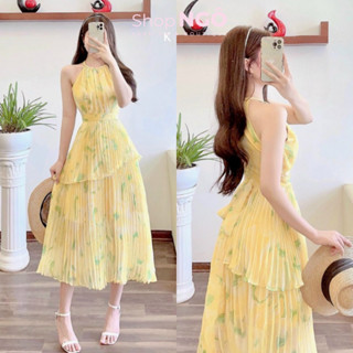 Đầm váy thời trang nữ mặc đi chơi chất voan hoa dập ly 2 lớp cổ yếm màu vàng váy xoè maxi chéo tà cho nàng đi biển