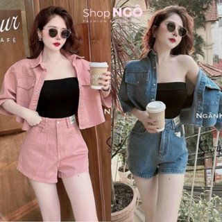  Set 3 món thời trang nữ set jean qc KAKI sơ mi tay lỡ phối quần đùi kèm áo lót thun cá tính năng động diện đi chơi 