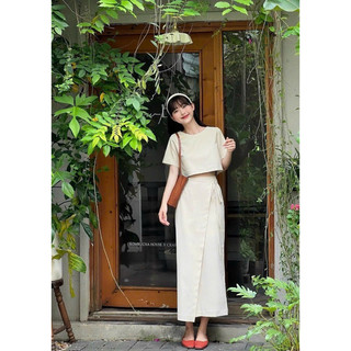 Set áo cổ tròn mix chân váy dài vạt chéo công sở đi dạo HT191, kèm hình thật sp