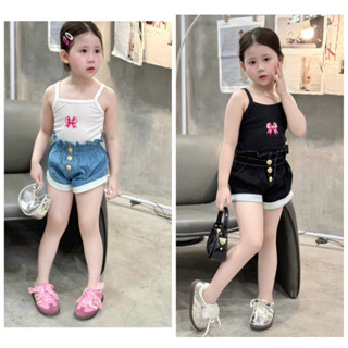 sét quần đùi jeans lật lai rách + áo 2 dây in hình nơ cho bé gái