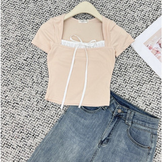 Áo thun tăm lạnh cổ vuông ren nơ croptop 168.fashion Atcovuongbeo294/P0K7