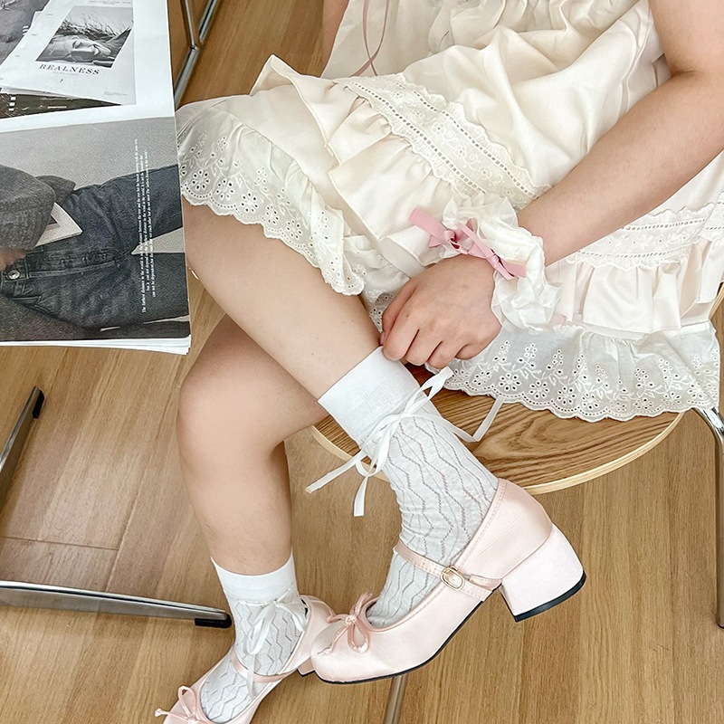 Tất ren mỏng có thắt nơ màu trơn dành cho nữ phong cách Nhật Bản T202 | BigBuy360 - bigbuy360.vn